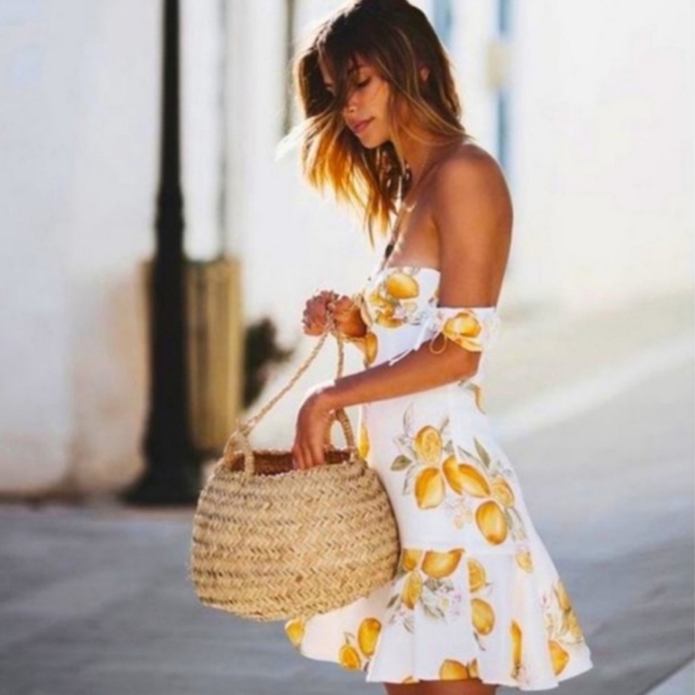 For Love & Lemons White/Yellow Lemonade Off the Shoulder Bustier Mini Dress M